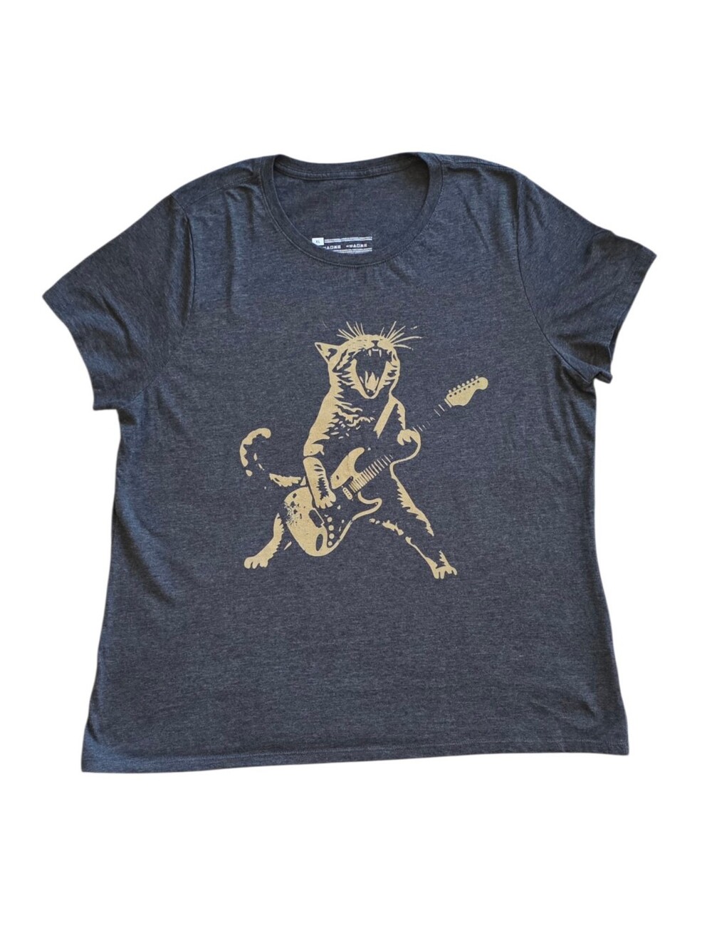Gildan XL Dark Gray Rocker Cat Playing Electric Guitar Tee Shirt Extra Large